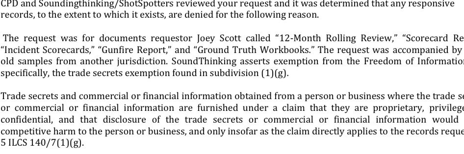 Shotspotter has intervened for the *second* time, this time in Chicago, in a public records request saying any documents or records of data released are “trade secrets” and would cause financial harm. Saying the detailed records Pasadena PD gave me are “old samples” 
#FOIAFriday