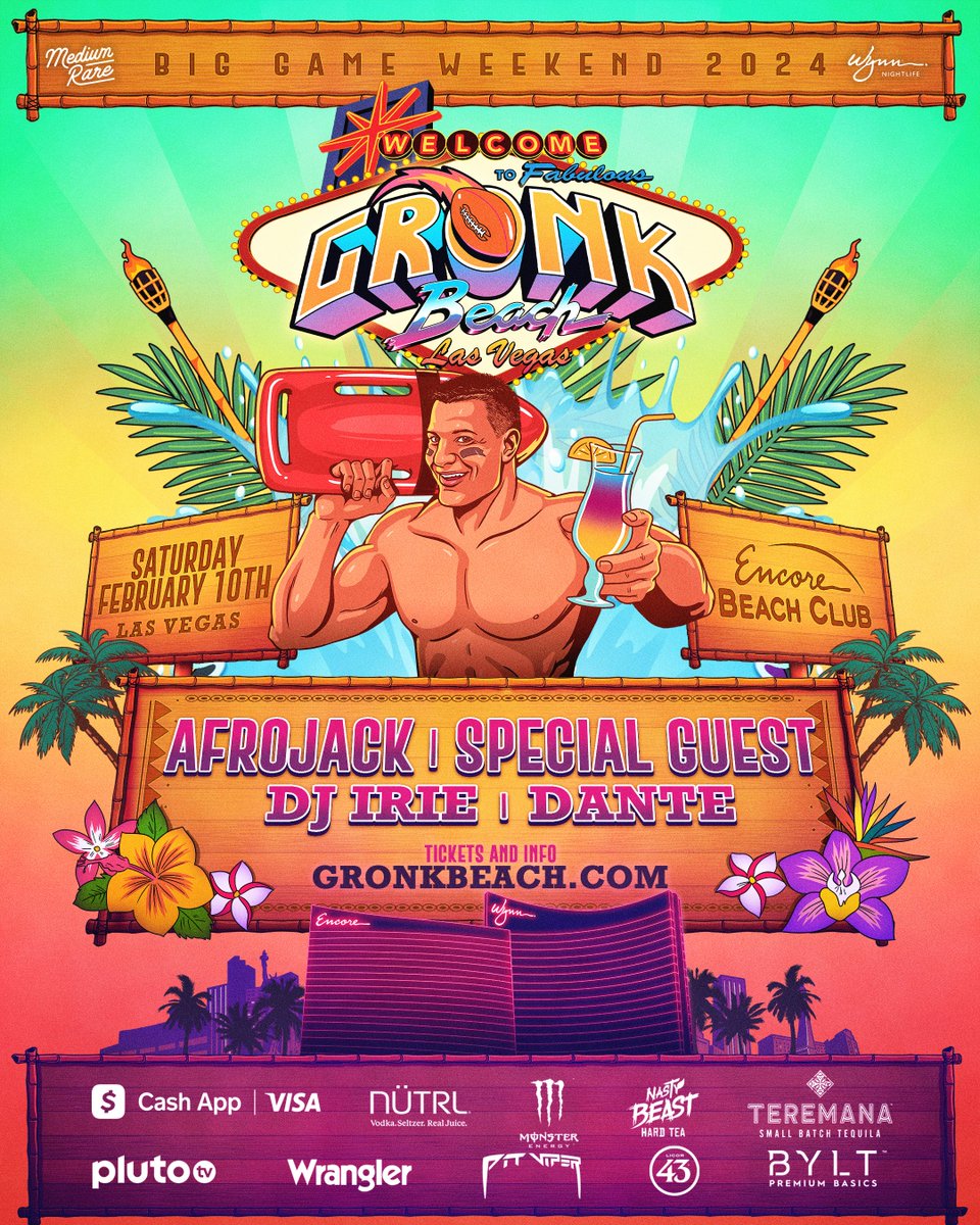 We're headed back to Big Game Weekend with @RobGronkowski! 🏈🏆 Get ready for Gronk's personally curated music festival at Encore Beach Club featuring @Afrojack + Special Guest on February 10. Tickets from $74.99 and VIP Tables are on sale now at GronkBeach.com!