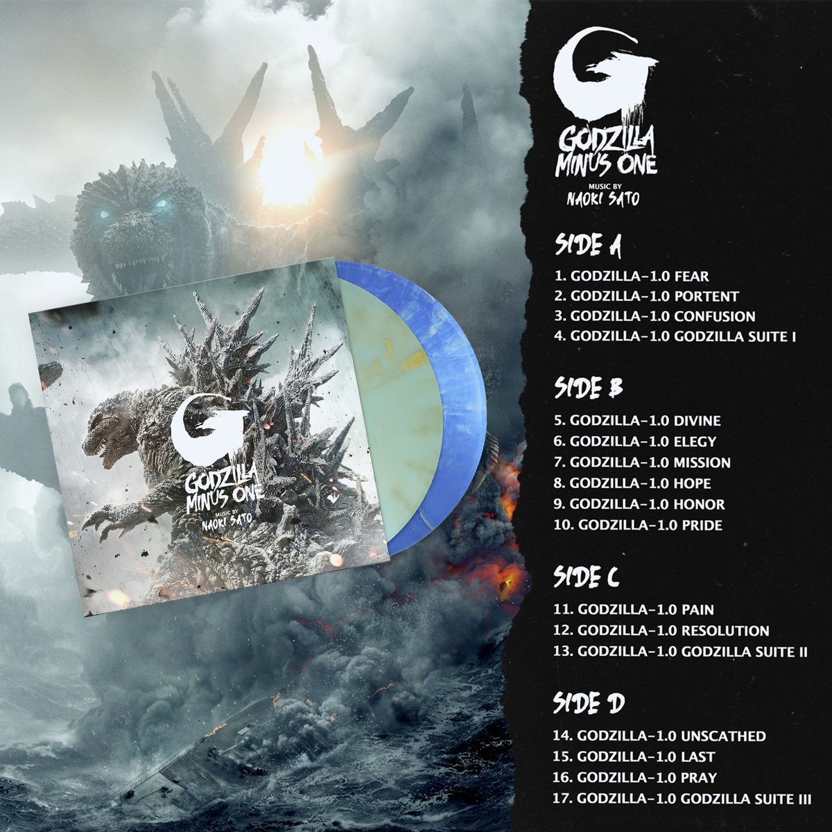Godzilla_Toho's tweet photo. 🎧💥 Vinylphiles rejoice! The 'Godzilla Minus One' soundtrack is now available in vinyl. Feast your eyes (and eventually ears) on the two-record set, now available for pre-order: https://t.co/CaAksAcPOV https://t.co/0YCsAkH2TK