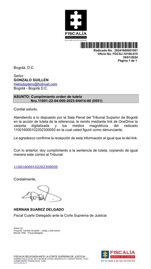 Por orden de la Sala Penal del Tribunal de Bogotá, la <a href="/FiscaliaCol/">Fiscalía Colombia</a> debió entregarme uno de los expedientes más corruptos que archivó recientemente. Invito a Colombia a acceder a todo lo que han archivado para pedir que los grandes casos penales sigan su curso y se haga justicia.