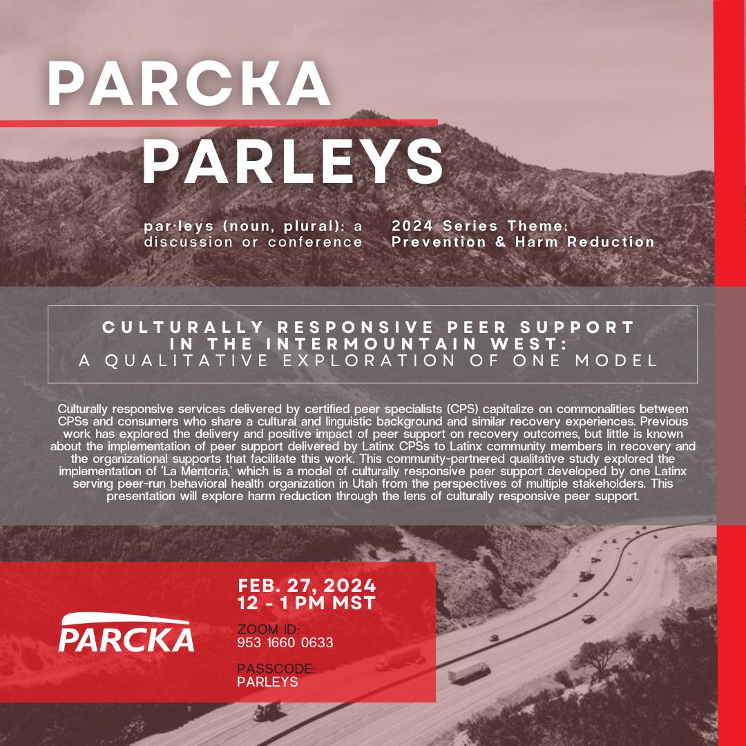 Next month's #PARCKA #Parley is one you're not going to want to miss! 🤩 We will be joined by @lizsiantzPhD to learn more about #culturally responsive #peersupport in the #IntermountainWest. Sign up at tinyurl.com/parckaparleys for #Parley updates &amp; invites!