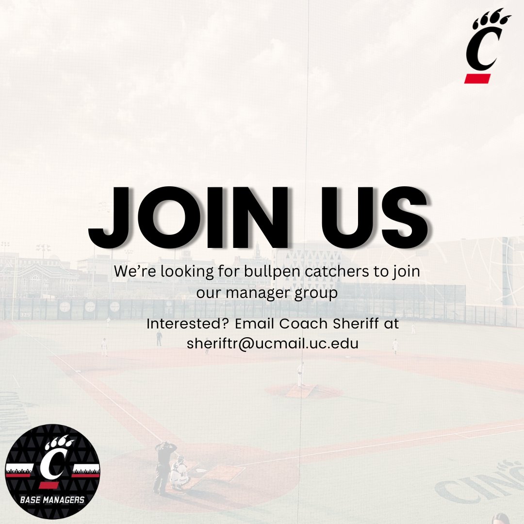 UC Baseball Managers (@ucbasemanagers) on Twitter photo We're looking to add bullpen catchers to our managers group. If interested, please contact Coach Sheriff at sheriftr@ucmail.uc.edu We're looking to add bullpen catchers to our managers group. If interested, please contact Coach Sheriff at sheriftr@ucmail.uc.edu
