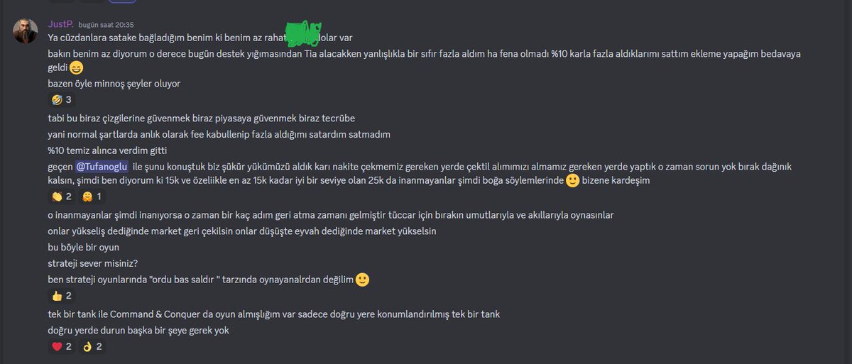 Youtube canlı yayınında anlık olarak bahsettiğim Discord söyleşimizden bir kesit iletiyorum. Ticaretin bir psikolojisi var ve bu teknik bilgiden daha kıymetli. Doğru noktada durmak ilk amacınız olsun🙏