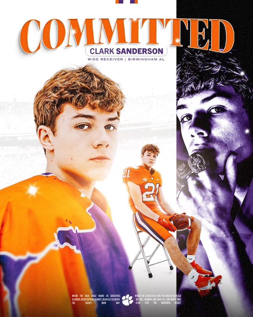 Clark Sanderson (@_clarksanderson) on Twitter photo Committed 🐅
<a href="/RecruitMtnBrook/">RecruitMtnBrook #ScholarBallers ⚔️🛡⚔️</a> <a href="/YeagerSpartanFB/">Chris Yeager</a> <a href="/CoachEasley_/">Brad Easley</a>  <a href="/MrJakeCollins/">Mr Jake Collins</a>  <a href="/MtnBrookFTBL/">Mountain Brook Football</a> <a href="/ClemsonFB/">Clemson Football</a> <a href="/Coach_Grisham/">Tyler Grisham</a> Committed 🐅
<a href="/RecruitMtnBrook/">RecruitMtnBrook #ScholarBallers ⚔️🛡⚔️</a> <a href="/YeagerSpartanFB/">Chris Yeager</a> <a href="/CoachEasley_/">Brad Easley</a>  <a href="/MrJakeCollins/">Mr Jake Collins</a>  <a href="/MtnBrookFTBL/">Mountain Brook Football</a> <a href="/ClemsonFB/">Clemson Football</a> <a href="/Coach_Grisham/">Tyler Grisham</a>