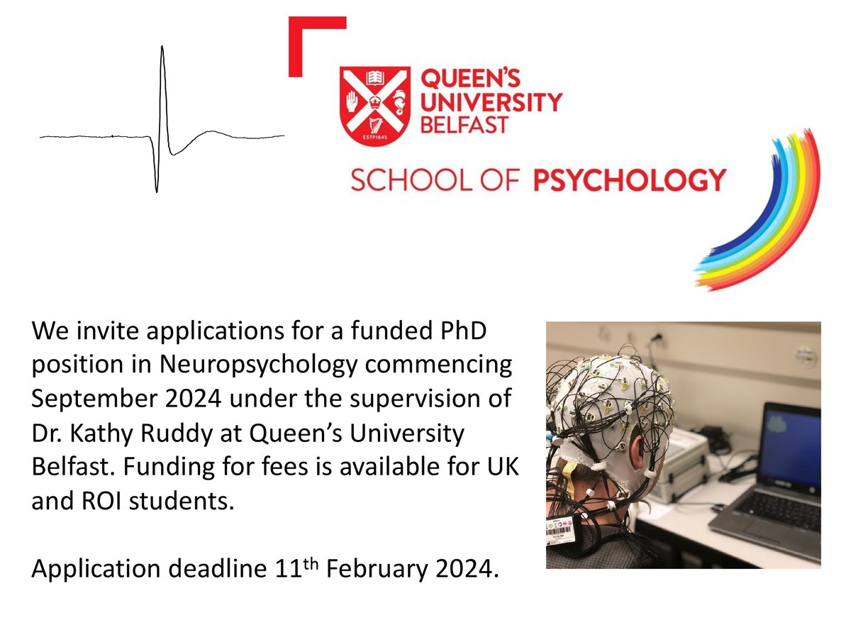 PhD opportunity in Neuropsychology at Queen's University Belfast! More information and to apply: shorturl.at/ghnIJ Info about the lab here: translationalbrainhealth.com Informal enquiries to k.ruddy@qub.ac.uk
