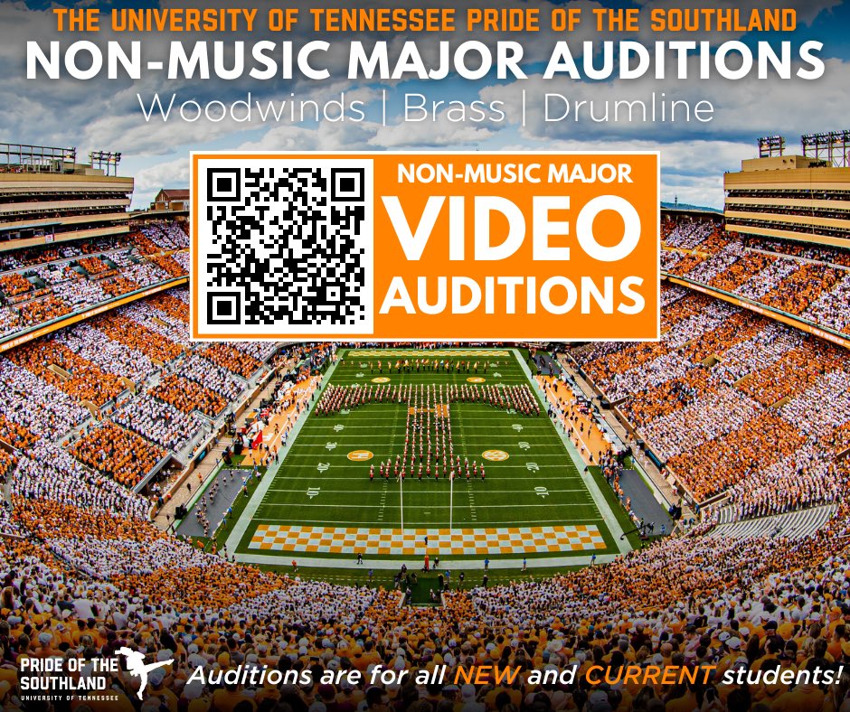 Did you know that over 80% of the “Pride of the Southland” Band are NOT music majors? If you are a non-music major, we have a spot for you! This year all auditions for non-music majors will be done via video. Scan the QR code for more information! utbands.utk.edu/future-student…