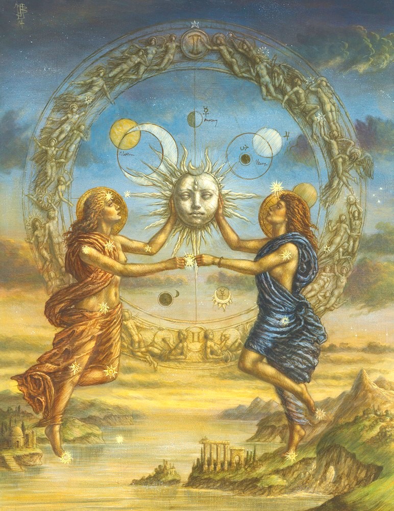 HUGE astronomical day tomorrow, beginning with the #moon entering #Gemini @ 8:58 AM, EST, 5th House: Emotional versatility lacking duration. 

#art: Gemini, #artist Jake Baddeley

#inspiritualservice #astrology #astrologer #mooningemini #lunarphases #Moonphases #Geminimoon