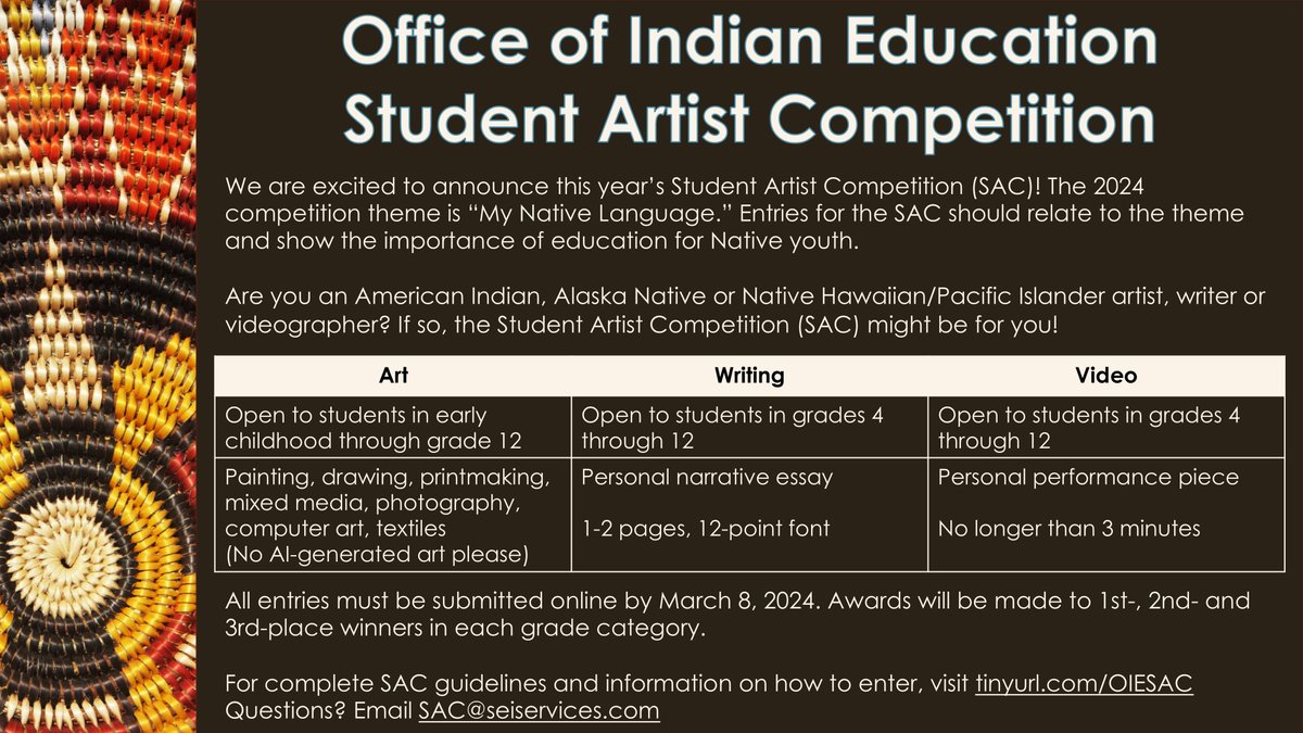 OIEIndianED's tweet photo. #SpreadTheWord: If you know an artistic #NativeStudent, be sure to tell them about #OIE's Student Artist Competition (SAC)! The 2024 theme is "My Native Language" and the deadline for submitting applications is 3/08! Follow the link for more info: https://t.co/5UsXh8YDqw https://t.co/jTDtslj2v5