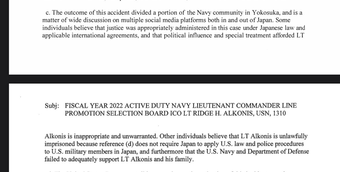 The @USNavy has denied Ridge Alkonis his promotion to LCDR. Alkonis was selected and scheduled to be promoted on Oct 1, 2021; however it was put on hold while the legal case in Japan played out. After the court case completed in 2022, Alkonis’s chain-of-command (including the