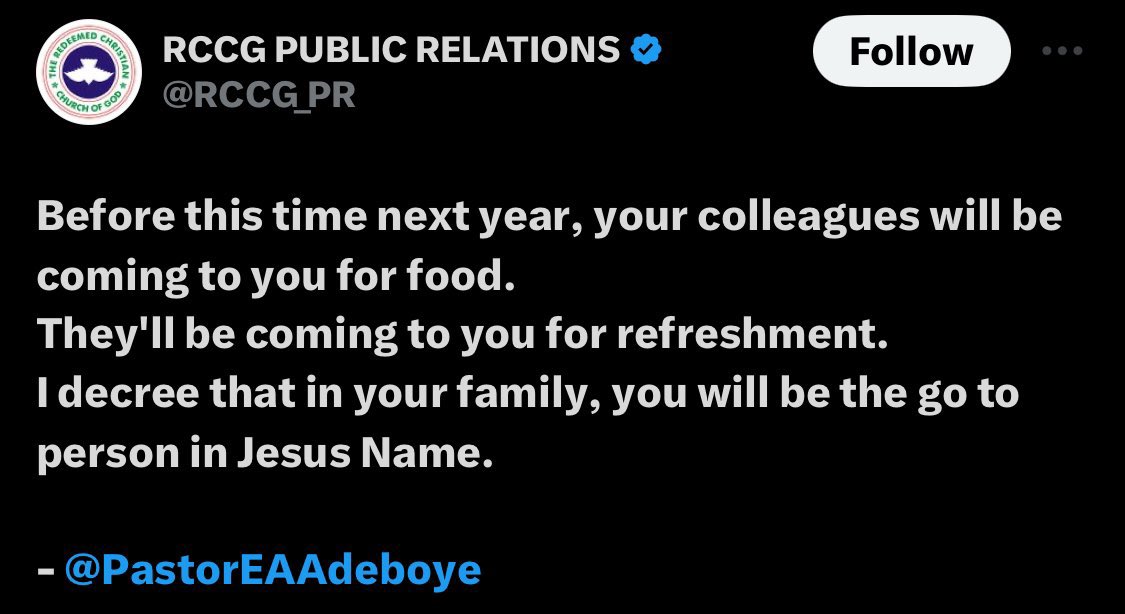 In my family, I will not be the only go to person, we all shall blossom! Anybody coming to me for refreshment will be for leisure, my colleagues will prosper as I prosper, my friends will succeed as I succeed. I reject this prayer in my life Jesus name! 👇