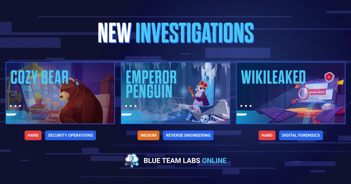 Three new BTLO investigations are now live! ⚠️ WikiLeaked: Digital Forensics 🐻 Cozy Bear: Security Operations 🐧 Emperor Penguin: Reverse Engineering Log into your #BTLO account or register today, if you think you're up to the challenge... bit.ly/3MmbKe9