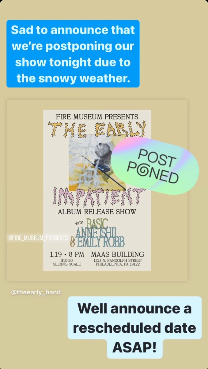TheEarly's tweet photo. We’re postponing our Philly release show tonight with Basic and Anne Ishii/Emily Robb because of the weather. Huge bummer, but we’ll announce a rescheduled date soon! https://t.co/XzkWREIiMQ