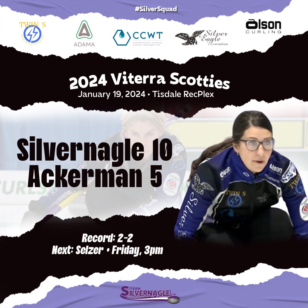 Picked up a BIG win this morning! 

Time to refocus and get ready for our last round robin game coming up at 3pm (Sasky time). A win would keep us in the playoff hunt. 

Pool B standings:
curlsask.ca/scoreboard/#!/…

#SilverSquad #VTScotties