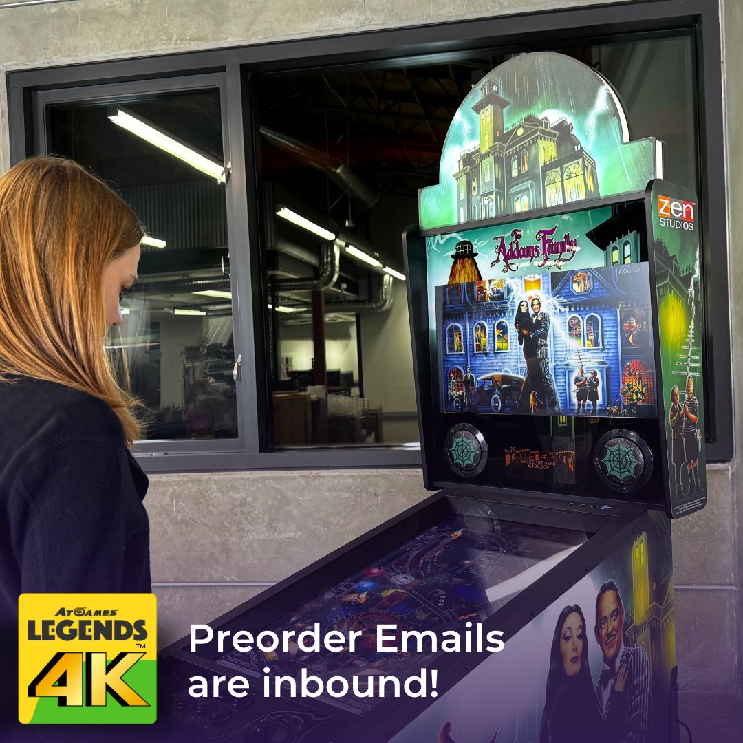 AtGamesGaming's tweet photo. AtGames fans, keep an eye on your inboxes. Preorder emails for The Addams Family™ Legends 4K™ Pinball are being sent out in batches over the next 48 hours. Please check your spam and junk folders. If all else fails, reach out to us at mailto:support@atgames.net https://t.co/mNyEU7dQDo