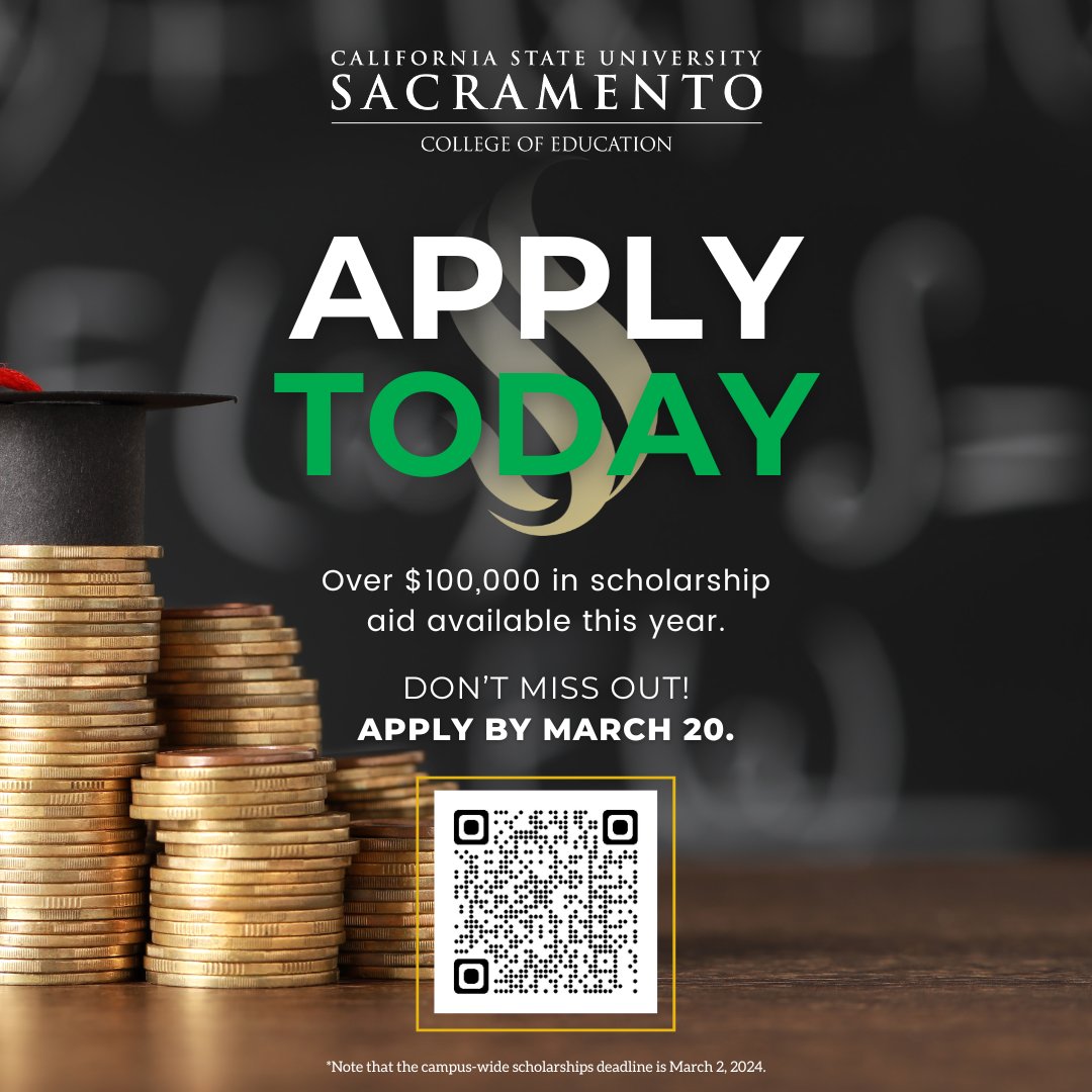 coesacstate's tweet photo. Are you looking for scholarships? The College of Education is offering over $100,000 in scholarship aid this year! This yearโs deadline for CoE specific scholarships is March 20, 2024. #Apply today!
#sacstate #collegeofed #scholarships #apply #education #aid #college https://t.co/xISFWAQOyN