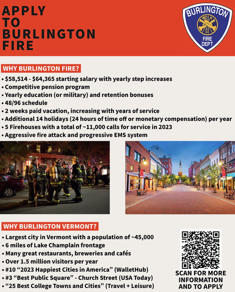 The Burlington Fire Department is now hiring for recruit class 24-01.  Please see the attached posting or visit the link below for more information, or to apply.  Application process ends February 29, 2024.

governmentjobs.com/careers/burlin…