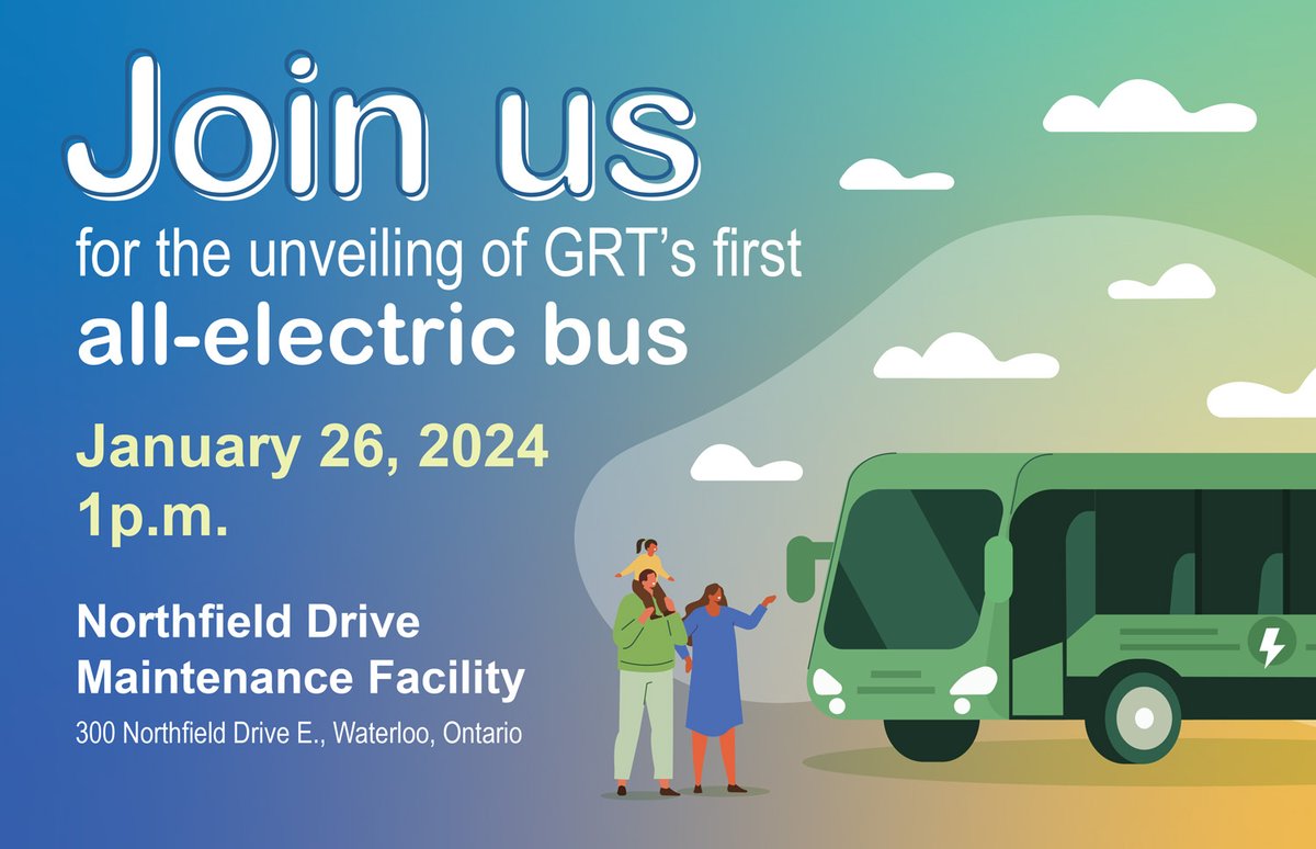 GRT_ROW's tweet photo. Join us next Friday, Jan. 26 for the unveiling of our first electric bus! 🔋 🚍
1 p.m. at our Northfield Drive Maintenance Facility. Details and registration here: https://t.co/Vv27zo5p7E https://t.co/XYt0fwT9rN