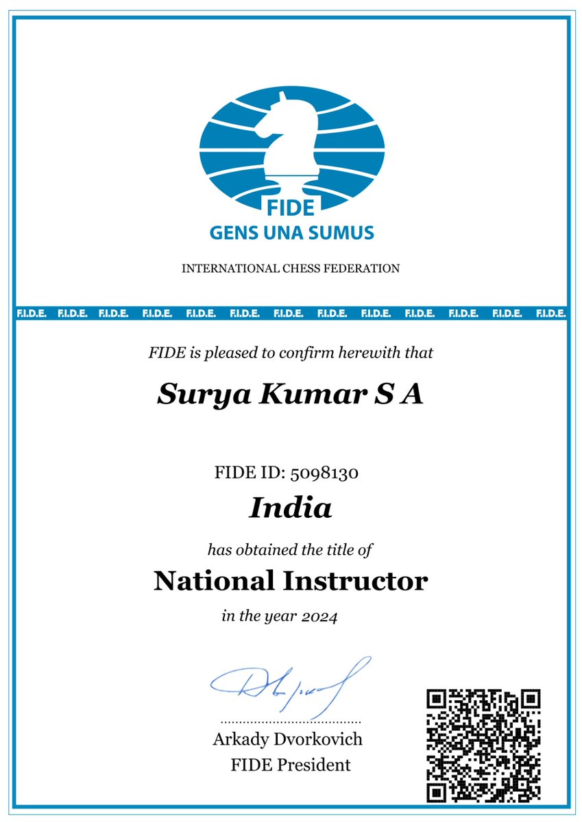 ChessBishopOff1's tweet photo. Royal Recognition: Surya Kumar SA Attains FIDE National Instructor Title in 2024
Chess Bishop crowned Surya Kumar for this Achievement.
🎉 Congratulations 🎉
FIDE ID 5098130, India has been awarded the title of National Instructor in 2024 https://t.co/zM70Cu1DD2