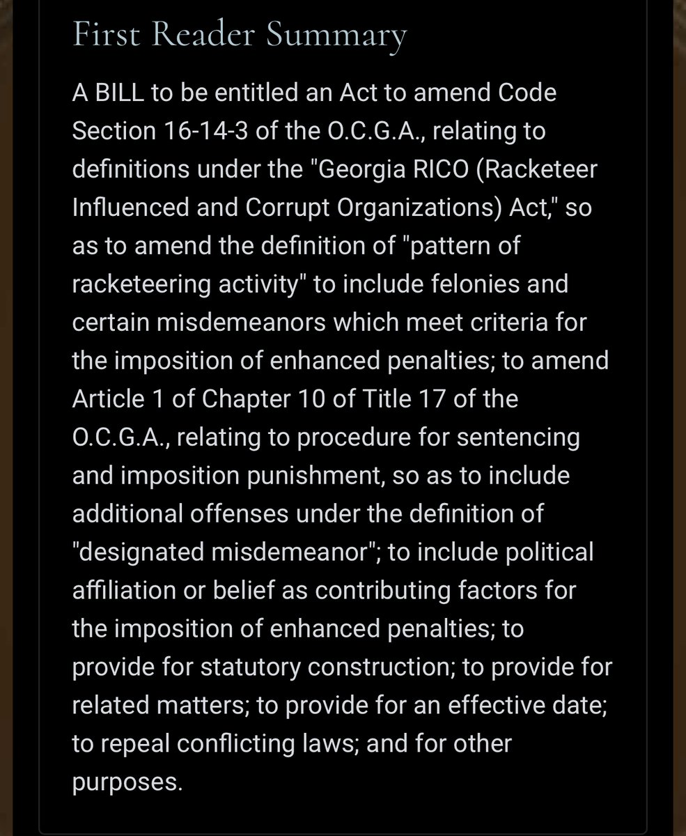 Yesterday, SB 359 was introduced in the GA Senate, which would dramatically expand the state's RICO statute. It adds offenses such as loitering &amp; unauthorized posting of flyers, when committed with a "bias" against political beliefs, to the list of predicate charges for RICO.