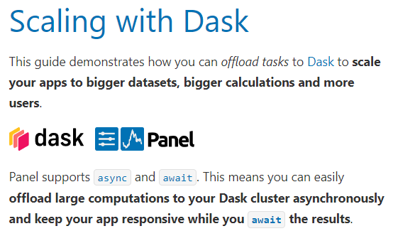 📢Really happy to announce the 'Scaling with Dask guide' for @Panel_org. 🤝In many ways @Panel_org and @dask_dev is a perfect couple as they share both philosophies and key technologies. 👇Link to guide below #python #dataviz @pandas_dev @CoiledHQ #datascience #Analytics