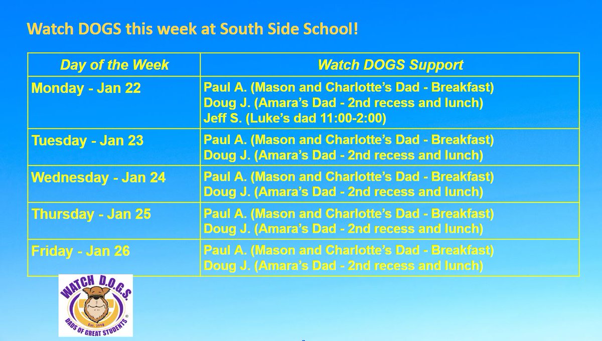 DavidJHuber's tweet photo. I can't wait for next week -- our school is being taken over by DOGS! #SSSct #WatchDOGS #DadsofGreatStudents https://t.co/VCV6yEPBbx