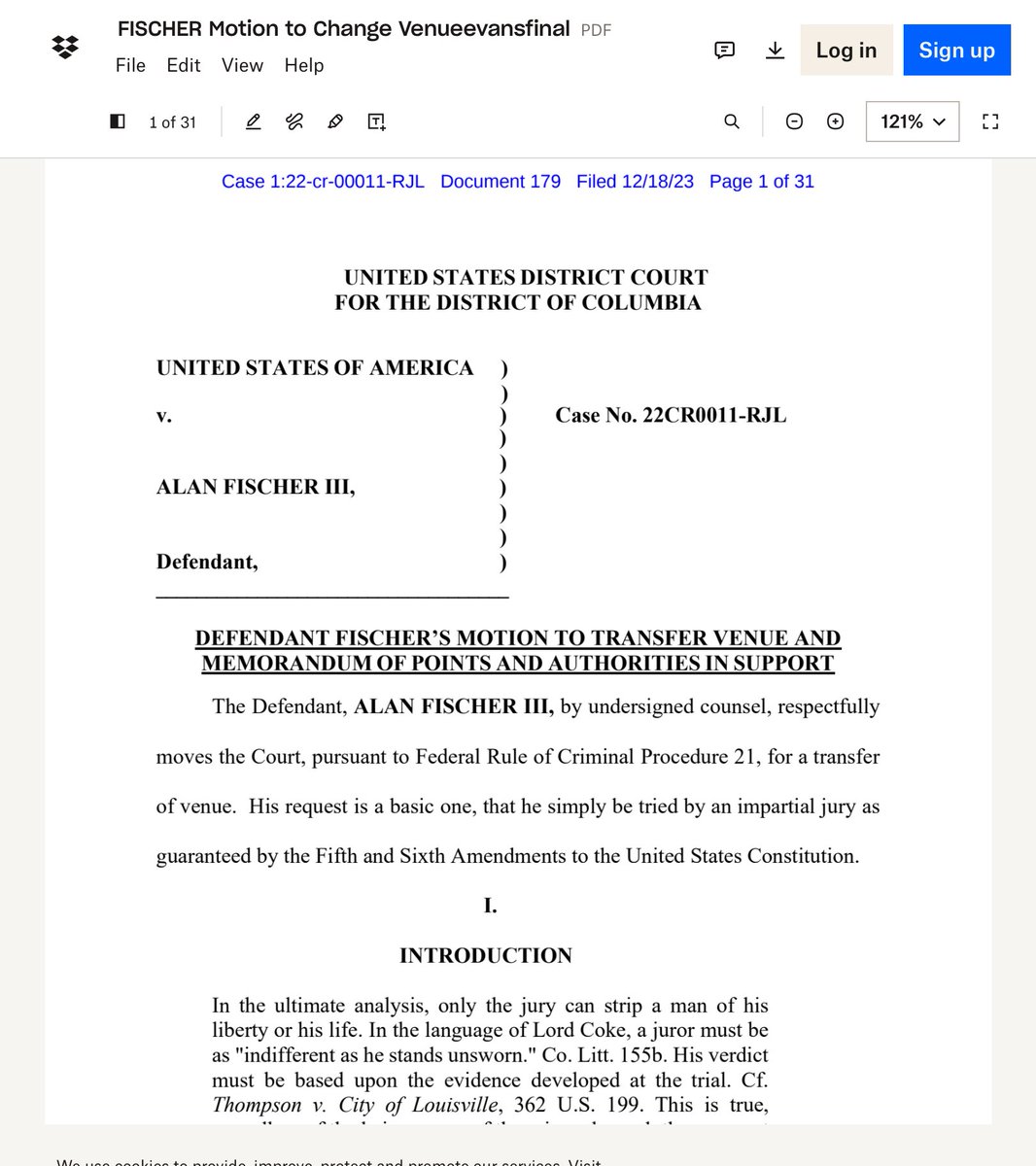 dmills3710's tweet image. #J6 #PoliticalProsecution 

FISCHER Motion to Change Venue From District of Columbia:

Request to be tried by an impartial jury as guaranteed by the 5th &amp;amp; 6th Amendments to the US Constitution.

dropbox.com/scl/fi/vo2q96w…