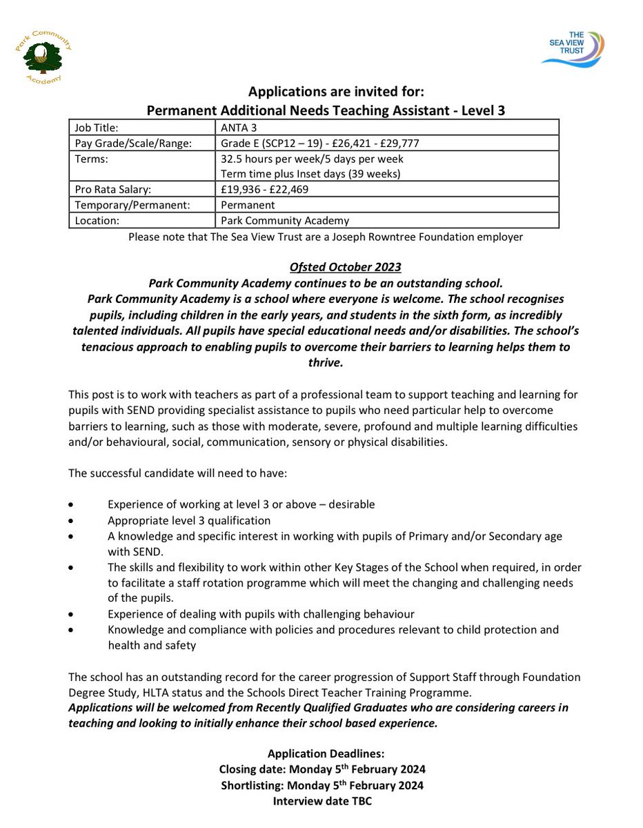 Park Community Academy (@pcablackpool) on Twitter photo We have a vacancy for a Permanent Additional Needs Teaching Assistant - Level 3, to join our outstanding team. Please see the advert below and follow the link for more information.
<a href="/PCAprimary/">PCAprimarydept</a> <a href="/PCAsecondary/">PCAsecondarydept</a> <a href="/PCAOracle/">Oracle Sixth Form - PCA</a> <a href="/SeaViewTrust/">The Sea View Trust</a>
park.blackpool.sch.uk/vacancies1 We have a vacancy for a Permanent Additional Needs Teaching Assistant - Level 3, to join our outstanding team. Please see the advert below and follow the link for more information.
<a href="/PCAprimary/">PCAprimarydept</a> <a href="/PCAsecondary/">PCAsecondarydept</a> <a href="/PCAOracle/">Oracle Sixth Form - PCA</a> <a href="/SeaViewTrust/">The Sea View Trust</a>
park.blackpool.sch.uk/vacancies1