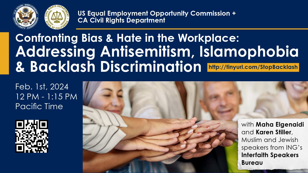 EEOC SF Outreach (@eeoc_sf) on Twitter photo Free Webinar Thu 2.1.2025. <a href="/eeoc_sf/">EEOC SF Outreach</a> Roberta Steele & <a href="/calcivilrights/">California Civil Rights Department</a> Gregory Mann discuss how to address bias and hate in the workplace w/ Maha Elgenaidi & Karen Stiller, Muslim & Jewish speakers from ING's Interfaith Speakers Bureau. tinyurl.com/StopBacklash Free Webinar Thu 2.1.2025. <a href="/eeoc_sf/">EEOC SF Outreach</a> Roberta Steele & <a href="/calcivilrights/">California Civil Rights Department</a> Gregory Mann discuss how to address bias and hate in the workplace w/ Maha Elgenaidi & Karen Stiller, Muslim & Jewish speakers from ING's Interfaith Speakers Bureau. tinyurl.com/StopBacklash
