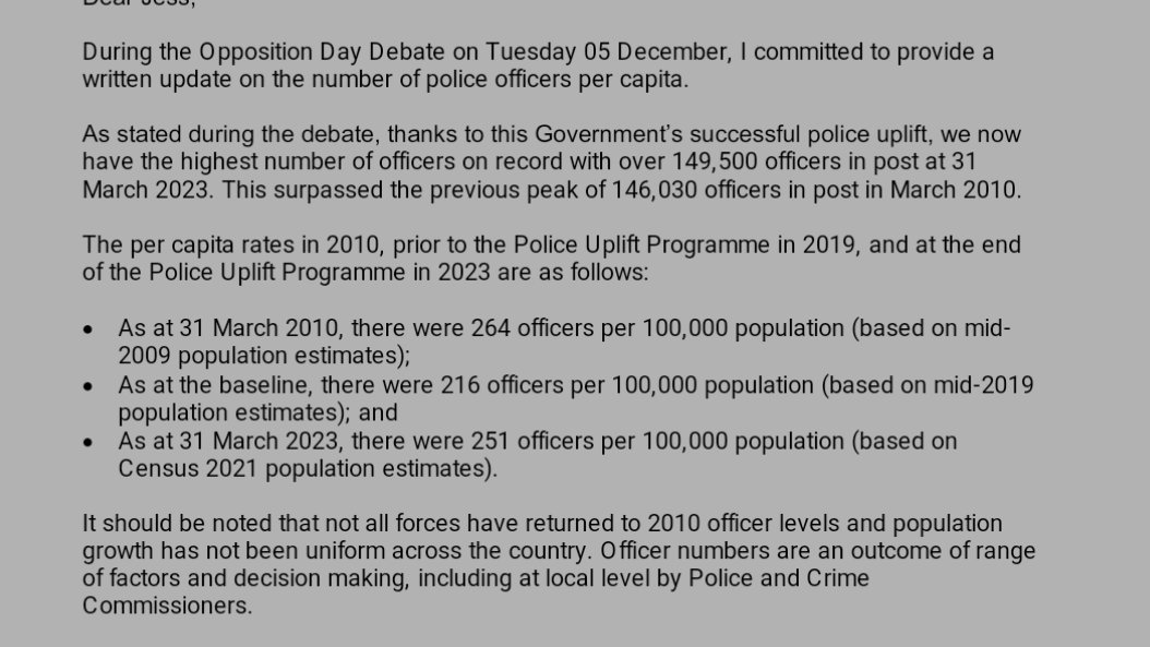 Minister for safeguarding just wrote to me after committing to do so on 5th December when asked if police had increased with the population. Remember this when they keep banging on about how we have more police than ever. Still way fewer per head than in 2010