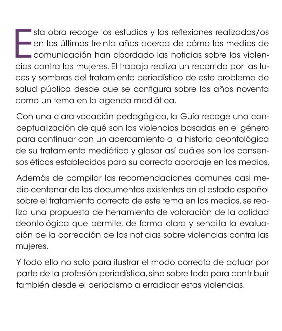 María Sánchez Ramos (@mariasancheztw) on Twitter photo ✨¡Recién salido de imprenta!
Ya está en las librerías ‘Tratamiento ético de la #ViolenciaDeGénero en los medios’ 📖
Un libro que recorre la historia reciente del #periodismo en España ante la complejidad de narrar las violencias contra las mujeres.
✍🏻<a href="/BelenZB/">Belen Zurbano B.</a> <a href="/EdoibanezA/">Aurora Edo Ibáñez</a> 💜 ✨¡Recién salido de imprenta!
Ya está en las librerías ‘Tratamiento ético de la #ViolenciaDeGénero en los medios’ 📖
Un libro que recorre la historia reciente del #periodismo en España ante la complejidad de narrar las violencias contra las mujeres.
✍🏻<a href="/BelenZB/">Belen Zurbano B.</a> <a href="/EdoibanezA/">Aurora Edo Ibáñez</a> 💜
