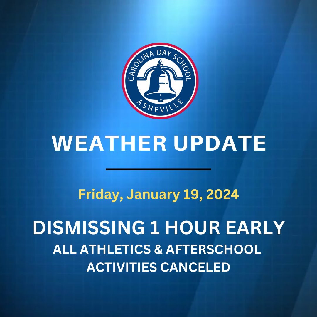 IMPORTANT WEATHER UPDATE:

Due to weather CDS will dismiss 1 HOUR EARLIER than usual today, Friday, 1/19/24. Buses will depart 1 hour early. All afterschool activities and athletics are canceled.