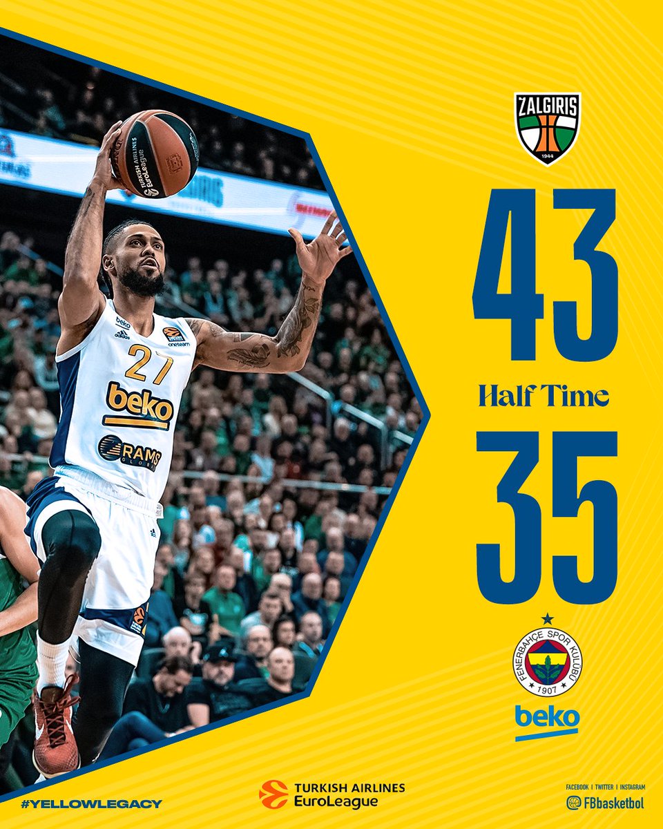 İlk Yarı Sonucu | @bczalgiris 🆚 Fenerbahçe Beko: 43-35 Skor dağılımımız: Wilbekin 12, Pierre 6, Dorsey 4, Sertaç 4, Motley 3, Calathes 2, Guduric 2, Papagiannis 2. #YellowLegacy