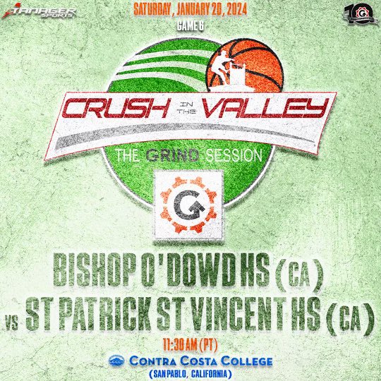 Game 6 of Crush in the Valley. 📆 Saturday January 20th ⏰ 11:30am PST 📍Contra Costa College 2600 Mission Bell Drive San Pablo, CA 94806 Bishop O’Dowd HS (CA) vs. St. Patrick St. Vincent (CA)