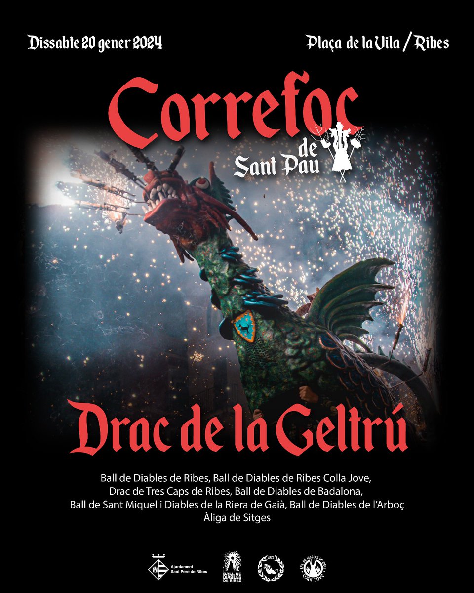 I l’última colla que faltava és el <a href="/DracdelaGeltru/">Drac de la Geltrú</a>. Una de les bèsties més actives del país i tot un clàssic del Correfoc de Sant Pau. Una invitació a dues bandes, compartida per nosaltres i el <a href="/DracDeRibes/">Drac De Ribes</a>. Ben tornats, companys! 🐉🔥
📸 <a href="/unribeta/">Cristian Skrappy</a>
#BallDeDiables
#SPRibes