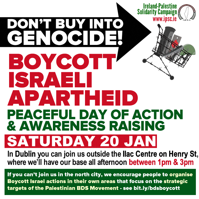 🇵🇸 Tomorrow! Join us on Henry St, 1 - 3pm to say ‘Don’t Buy Into Genocide – Boycott Israeli Apartheid’!
Learn about the targeted, Palestinian-led movement to boycott apartheid Israel for justice for Palestine. #BDS 
#FreePalestine