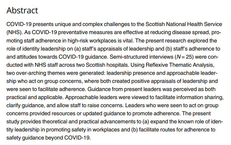 New paper!🎉 'Identity leadership and adherence to COVID-19 safety guidance in hospital settings' Link to the #openaccess paper here: doi.org/10.1371/journa… Please share!