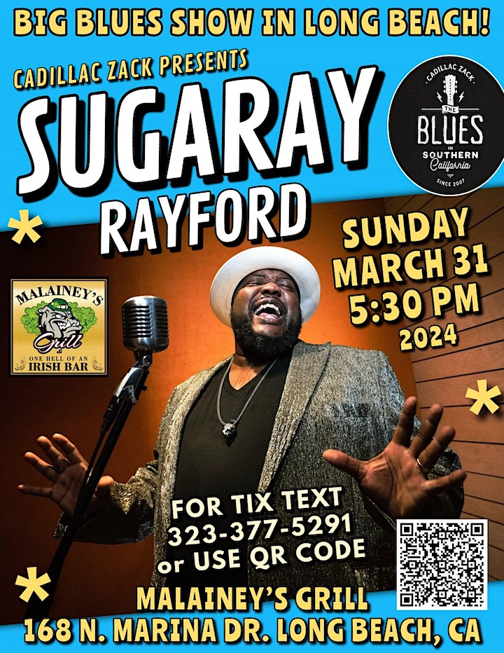 Hey,  Long Beach! Are you ready for some soulful blues music? Come and join  me, at Malainey's Grill on 3/31. They have a beautiful patio  overlooking Alamitos Bay and some great food. Check out their menu and  make your reservations today!