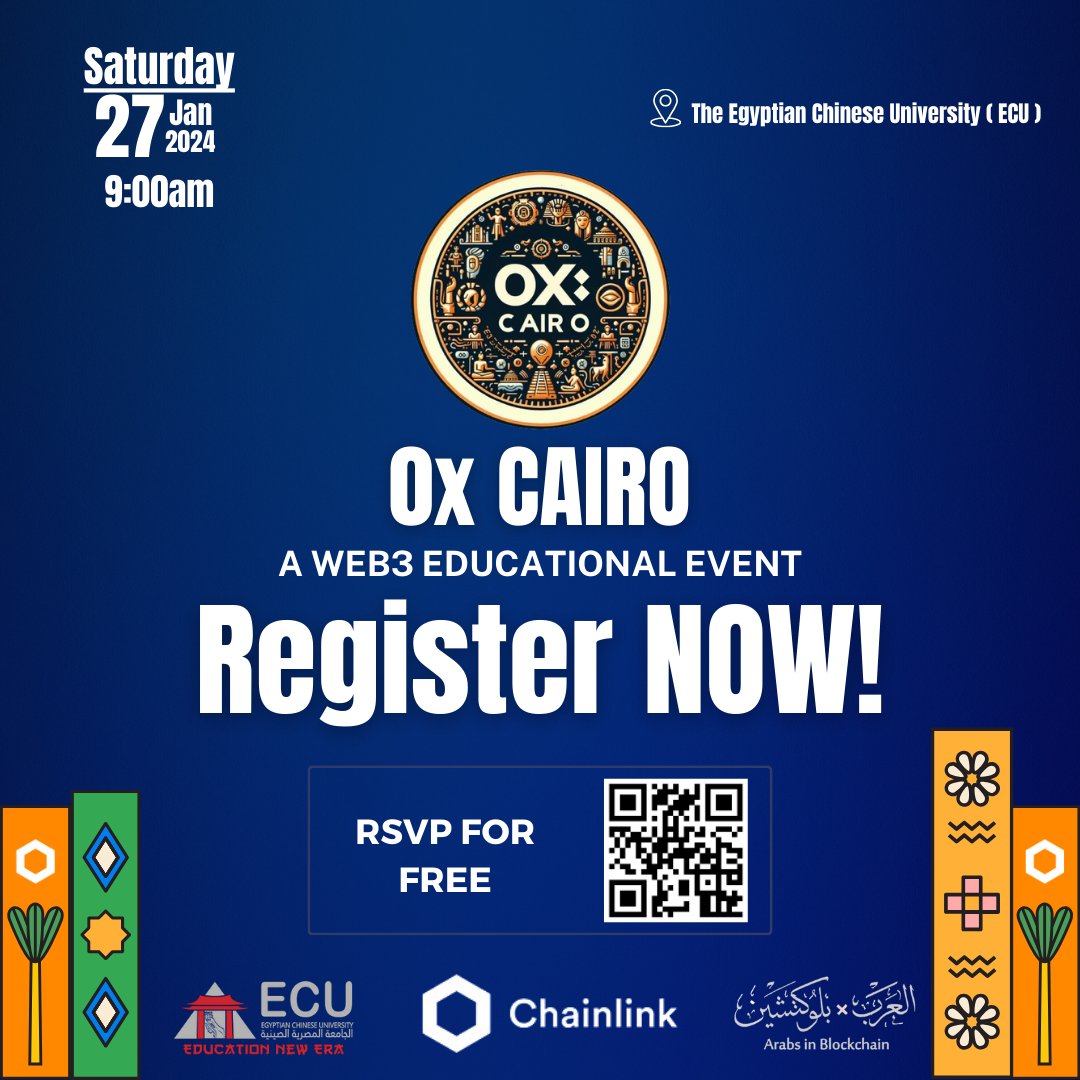 ArabsInBC's tweet photo. Are you curious about #Blockchain &amp; Web3🤔
Join us at #0xCairo at  EDU on Jan 27, 2024. Dive into #Web3, participate in @chainlink  workshop &amp; other talks, enjoy some grub &amp; network with exceptional individuals locally &amp;  globally.Grab your FREE ticket😍
 https://t.co/BICPAoEufM https://t.co/KD4X1WZzmS