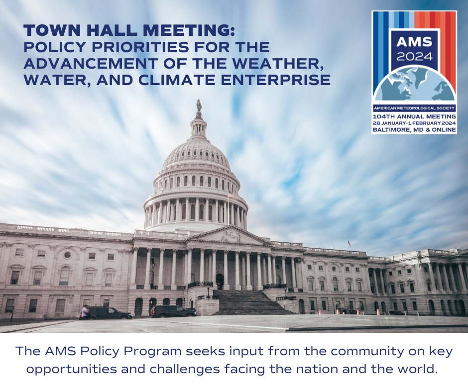 The AMS Policy Program's Town Hall Meeting will focus on Policy Priorities for the Advancement of the Weather, Water, and Climate Enterprise: bit.ly/3U6bcOh
📅Date: Thurs, 1 Feb
🕑Time: 12:15-1:15 PM ET
🏨Hotel: Hilton Baltimore Inner Harbor
📍Room: Holiday 5 (2nd floor)