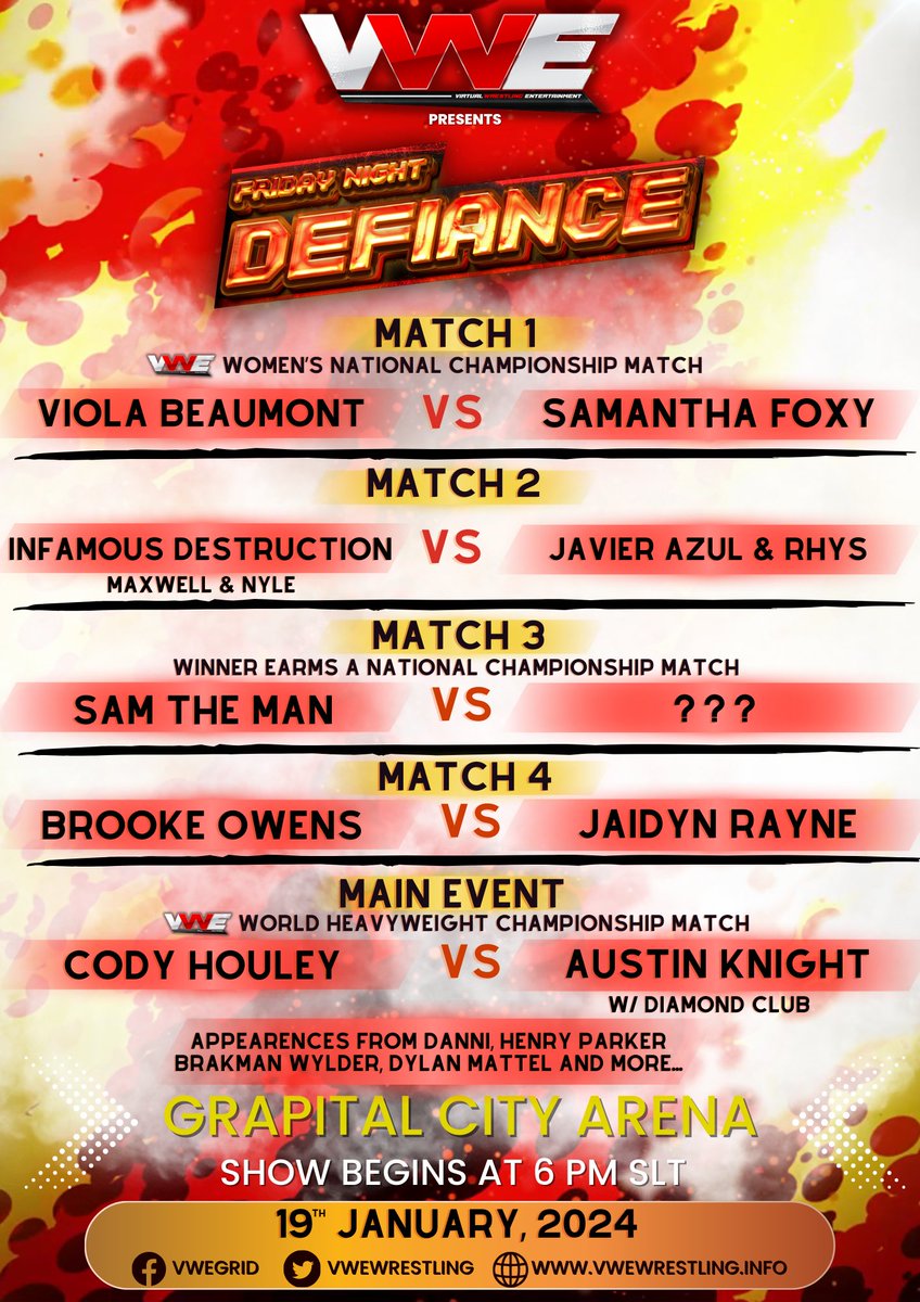We're well rested and all the way BACK!

After an extended holiday break, we're beyond excited to see you again and to deliver you some DEFIANCE!

Head on over to the Grapital City Arena at 6 PM SLT to see this STACKED first Defiance of 2024!

RIDE:
maps.secondlife.com/secondlife/Gra…