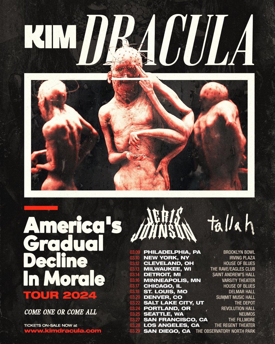 ⚠️://Who is coming to experience “America’s Gradual Decline In Morale” this March with us, @kimdrac and @killjerisj? Don’t wait, as spots are limited and will move fast 🧬🧪 Tix are now available everywhere.