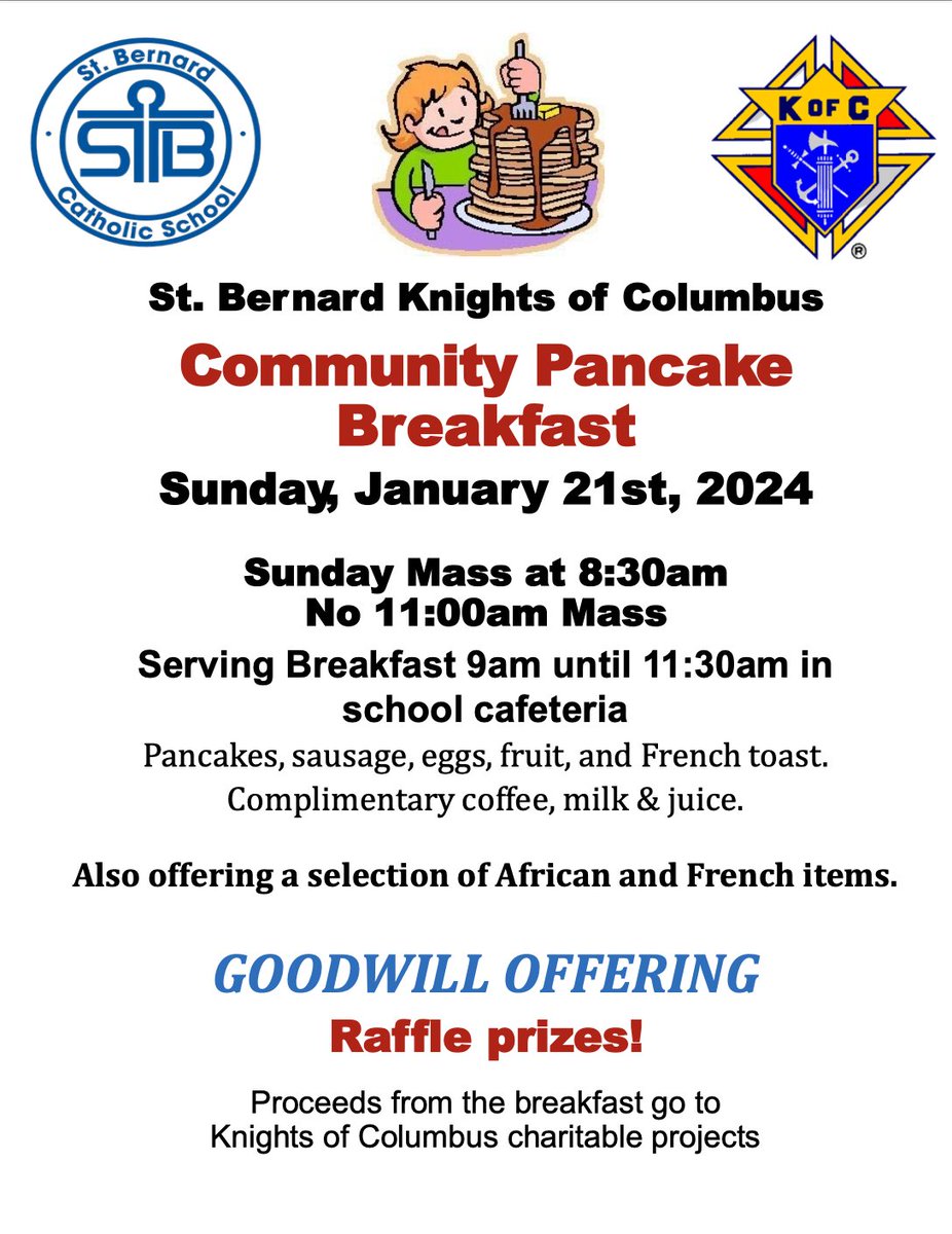 Hungry for food, fellowship and fun? Join our St. Bernard Catholic School community in our first Pancake Breakfast of the year!  <a href="/stbernardtigers/">St Bernard School</a>