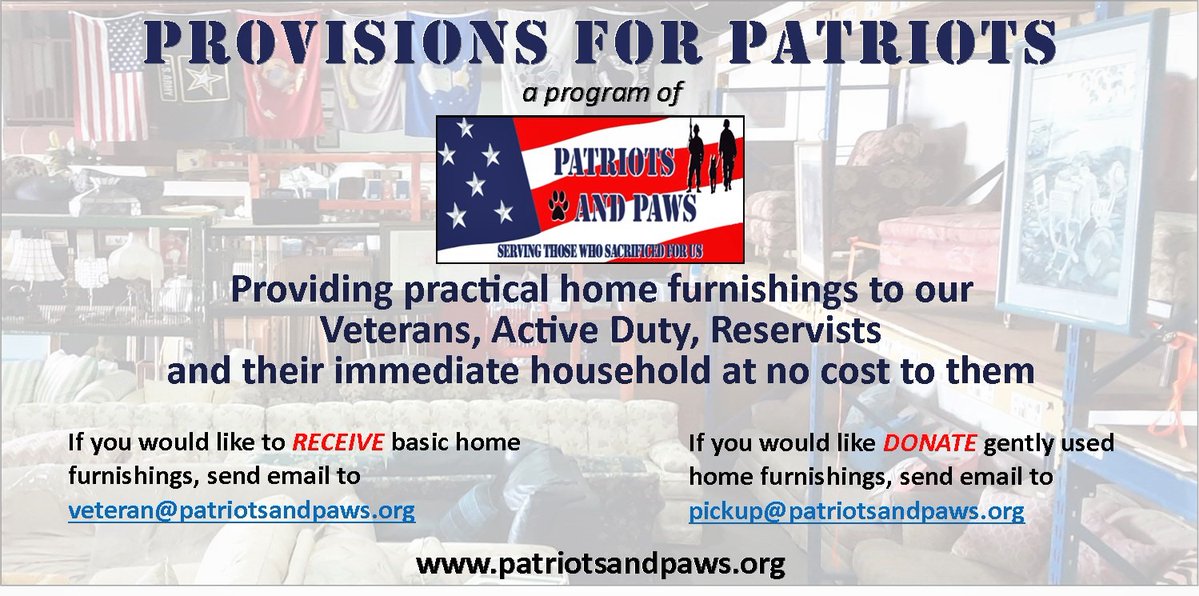 Our 'Provisions for Patriots' program provides #ActiveDuty, #Reservists, and #Veterans with gently-used home items at no cost to them, no matter their status! No Red Tape! 🔻Helpful Links 🔻
VETERANS - patriotsandpaws.org/resources/ By Appointment.  Days Are: Tue, Thu, Sat, 10A-230P