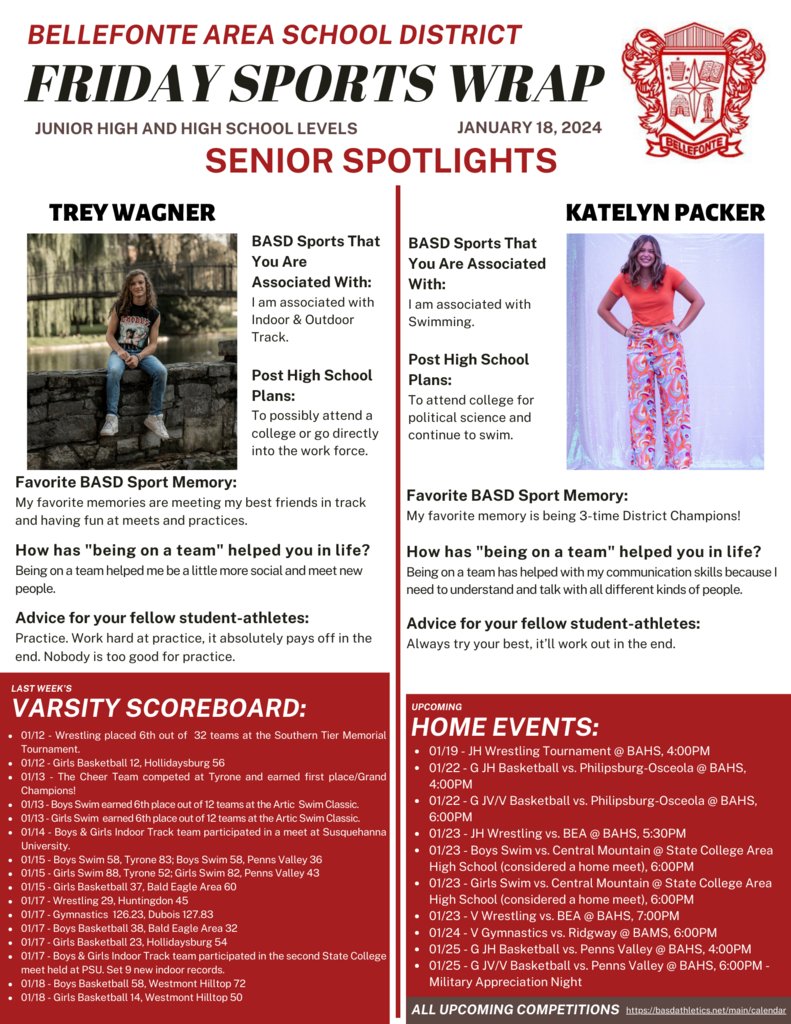 Good afternoon! Please enjoy today's Friday Sports Wrap newsletter for January 19th. Today's newsletter features senior student-athletes: Trey Wagner and Katelyn Packer. Enjoy the weekend!