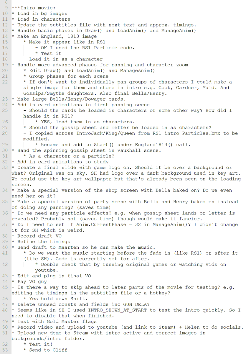 GreyAlien's tweet photo. Made a code plan for the Regency Solitaire II intro movie. I like to list out all the steps in Notepad++ with a * by them then change the * to a - when done. Then when they whole thing is done, this list goes into an archive. It's quite a lot of work. https://t.co/f8U3ZnMoIu