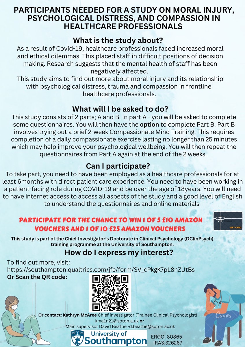 Did you work as a health-care professional during the pandemic? Would you like to take part in some research with the chance to take part in a FREE compassionate mind training? 👨‍⚕️🏥👩🏼‍⚕️ Click below to find out more: southampton.qualtrics.com/jfe/form/SV_cP…