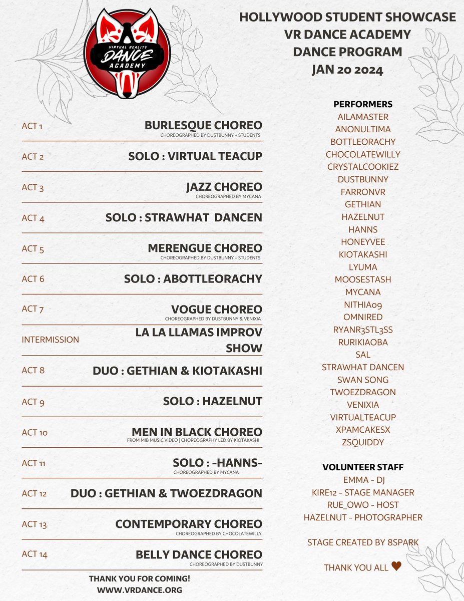 VRDanceAcademy's tweet photo. 🎬💃Look at our amazing lineup of dances for our Student Showcase! Please come support your fellow dancers! We can't wait to show you our live @VRChat performance!

 #VRChat #VREvents #VR #Dance #VRDA 
Join our group ⭐ https://t.co/OLv7m1DHlf

Jan 20 @ 12 PM PST in https://t.co/HoNKWKyPTy