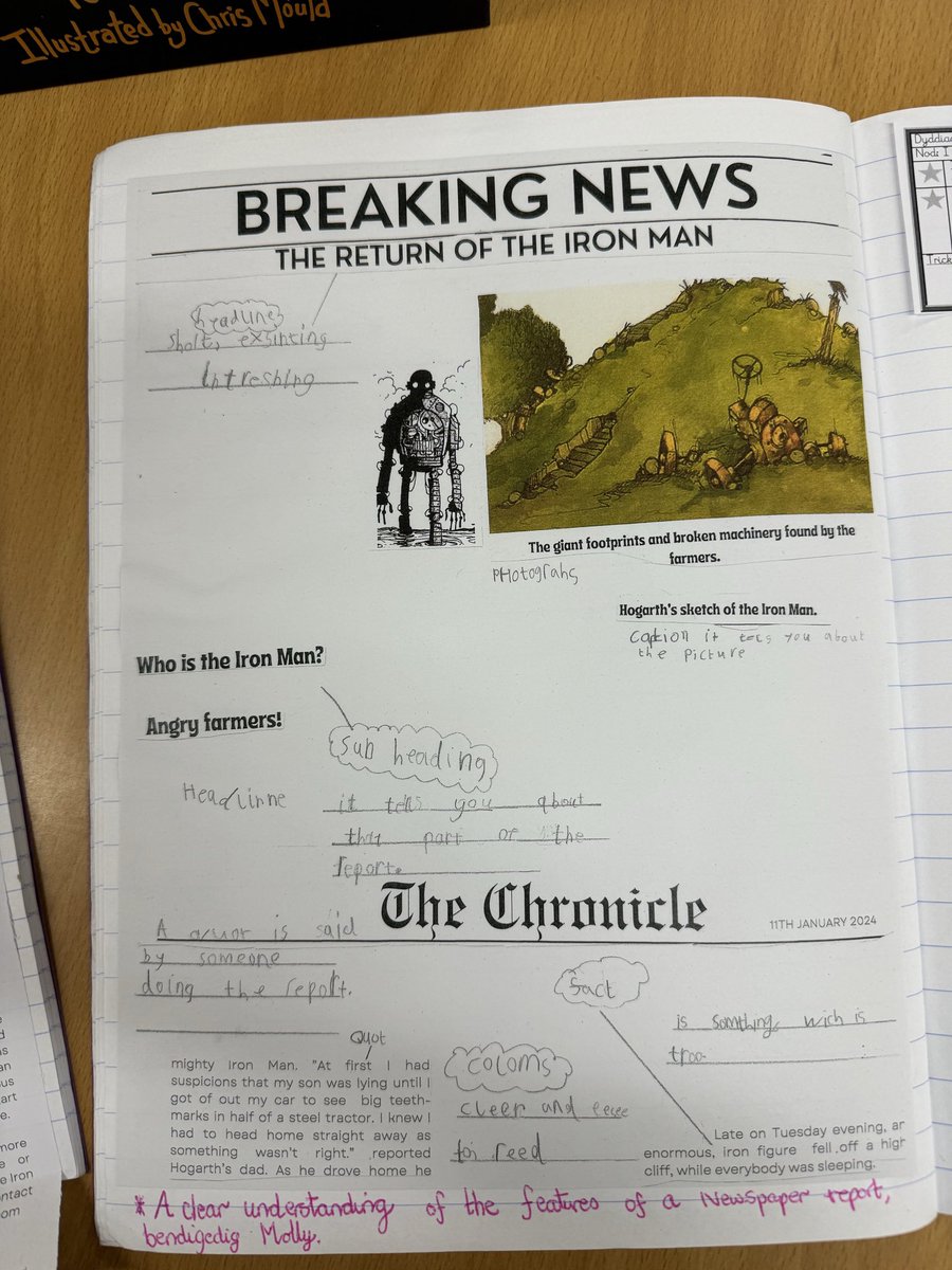 Our Literacy journey has begun. Dosbarth Dau have immersed themselves in ‘The Iron Man’ adventure. From crafting wanted posters to dissecting a linked newspaper article focused upon the return of the Iron Man🦾📰@EAS_LLCEnglish @chrismouldink