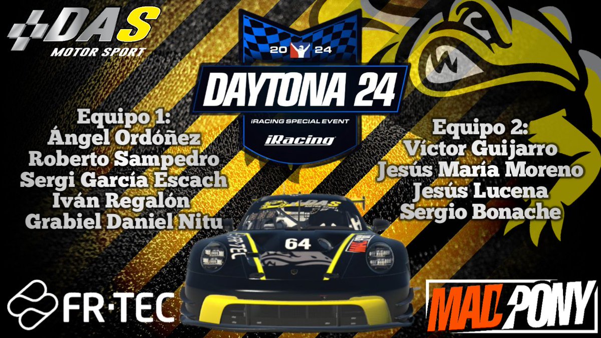 2️⃣ equipos
   9️⃣ Pilotos y...
2️⃣4️⃣ Horas de carrera.
Porsche 911 GT3 R (992)
Equipo 1:
@DAS_Tok0 
<a href="/rsampe15/">rsampe</a> 
#SergiGarcíaScach
<a href="/IvanNagore/">DAS_IvanNagore</a> 
<a href="/DAS_CaptDanny99/">Dany Nitu</a>
Equipo 2:
<a href="/ViGuiTor/">Victor Guijarro</a> 
#JesusMariaMoreno
#JesusLucena
<a href="/SBonache/">sergio bonache</a> 

Colaboran:
<a href="/MadponyStickers/">MADPONY</a> 
@frtecgaming 
#BeDas