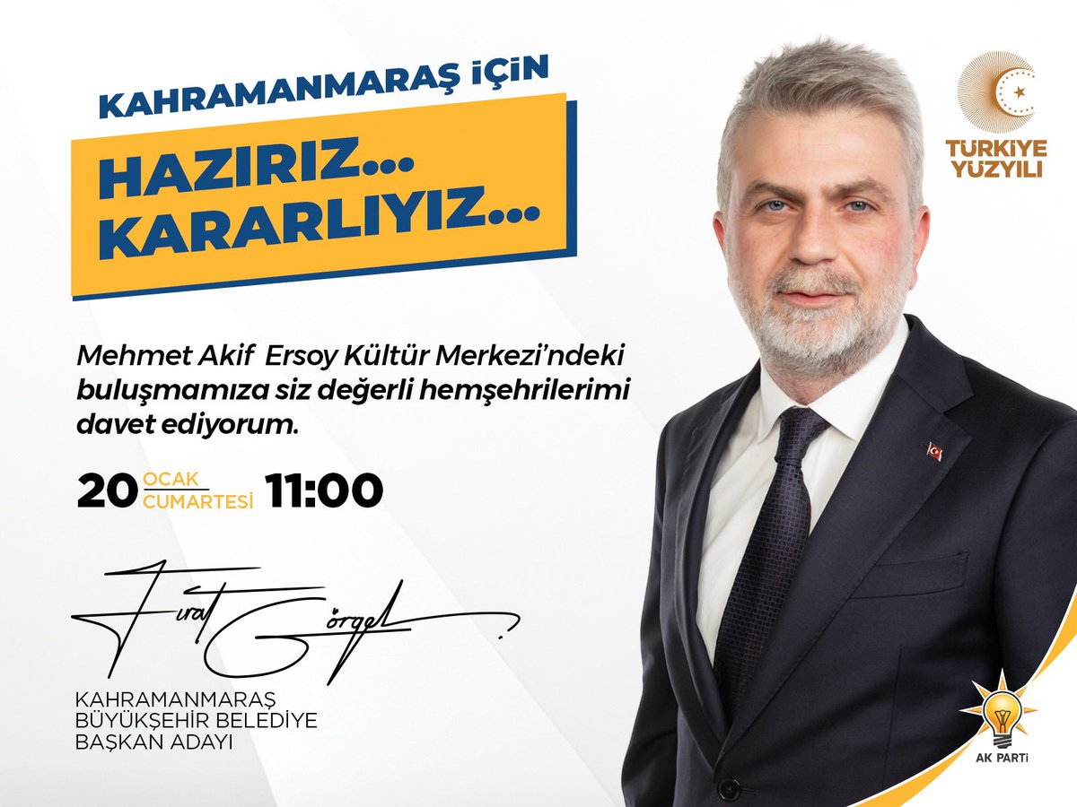 Mehmet Akif  Ersoy Kültür Merkezi’ndeki buluşmamıza siz değerli hemşehrilerimi davet ediyorum. 

📍 Mehmet Akif Ersoy Kültür Merkezi 
🗓️ 20 Ocak 2024 Cumartesi
⏰ 11:00

Kahramanmaraş için #HazırızKararlıyız